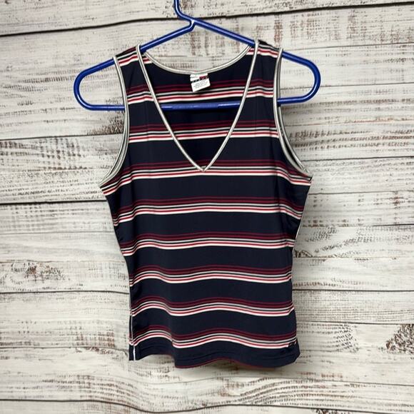 Tommy Hilfiger Vintage Striped V-Neck Tank Large Blue Red - Picture 1 of 6